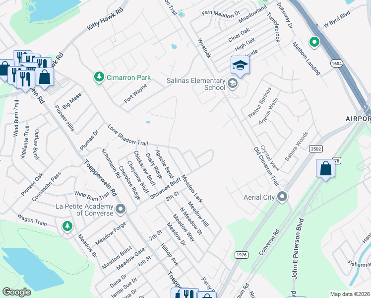 map of restaurants, bars, coffee shops, grocery stores, and more near 8607 Lantana Springs in Converse
