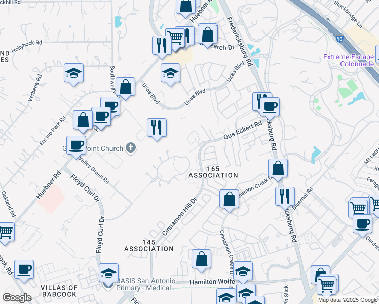 map of restaurants, bars, coffee shops, grocery stores, and more near 6411 Gus Eckert Road in San Antonio