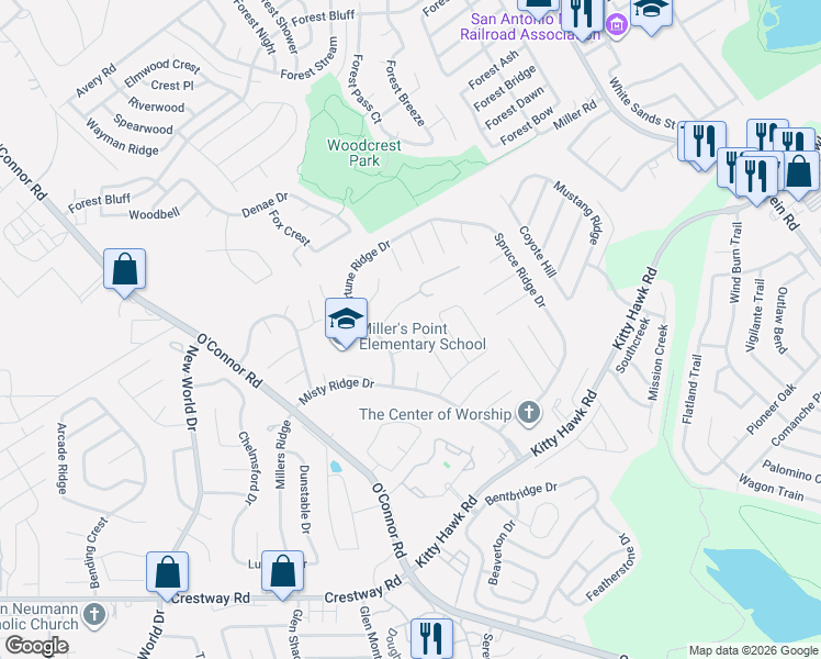 map of restaurants, bars, coffee shops, grocery stores, and more near 7114 Comanche Ridge Drive in Converse