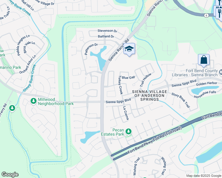 map of restaurants, bars, coffee shops, grocery stores, and more near 7307 Enchanted Rock Lane in Missouri City