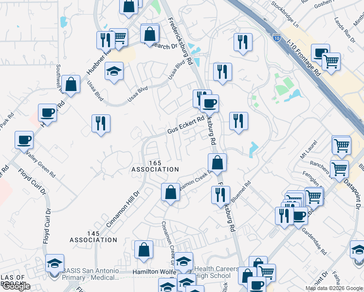 map of restaurants, bars, coffee shops, grocery stores, and more near 9835 Fredericksburg Road in San Antonio