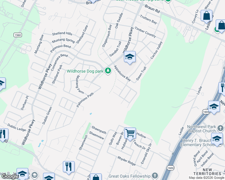 map of restaurants, bars, coffee shops, grocery stores, and more near 10534 Marengo Lane in San Antonio