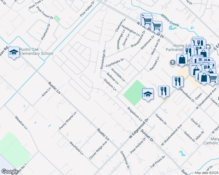 map of restaurants, bars, coffee shops, grocery stores, and more near 803 Stadium Circle in Friendswood