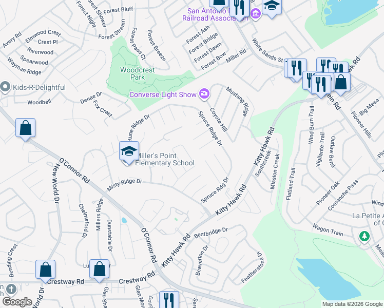 map of restaurants, bars, coffee shops, grocery stores, and more near 7135 Winter Ridge in Converse