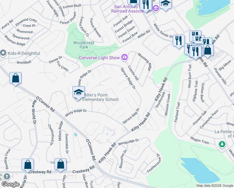 map of restaurants, bars, coffee shops, grocery stores, and more near 7135 Winter Ridge in Converse