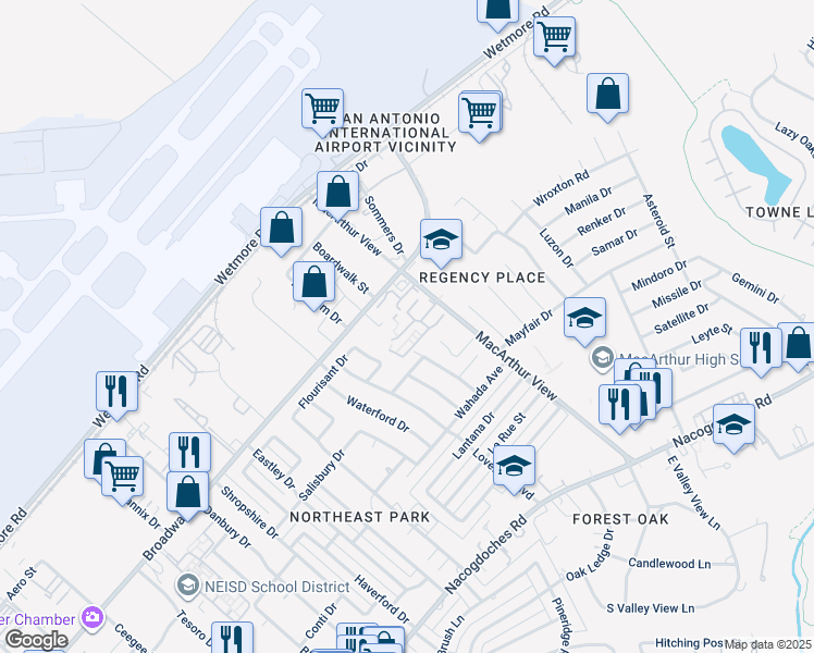 map of restaurants, bars, coffee shops, grocery stores, and more near 10014 Broadway in San Antonio