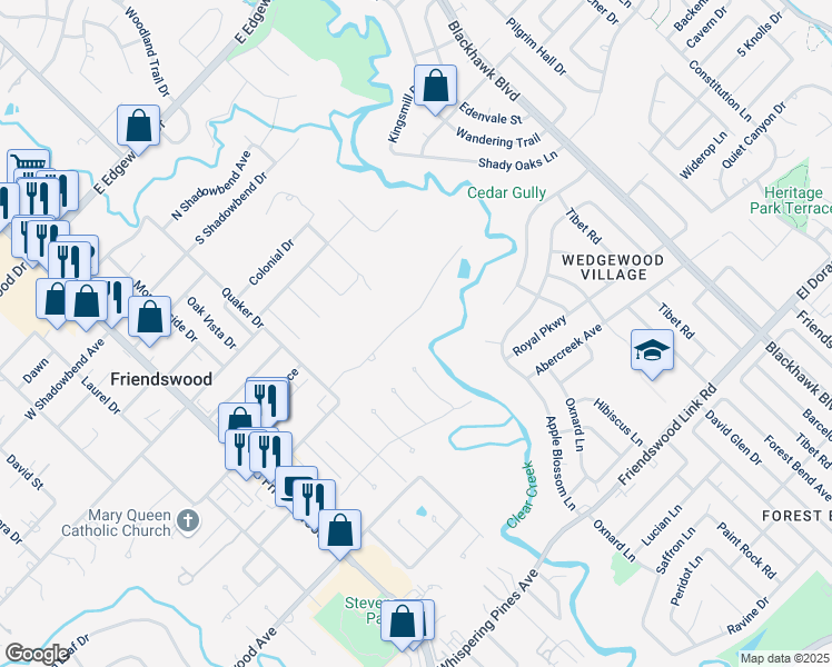 map of restaurants, bars, coffee shops, grocery stores, and more near 408 Clearview Avenue in Friendswood