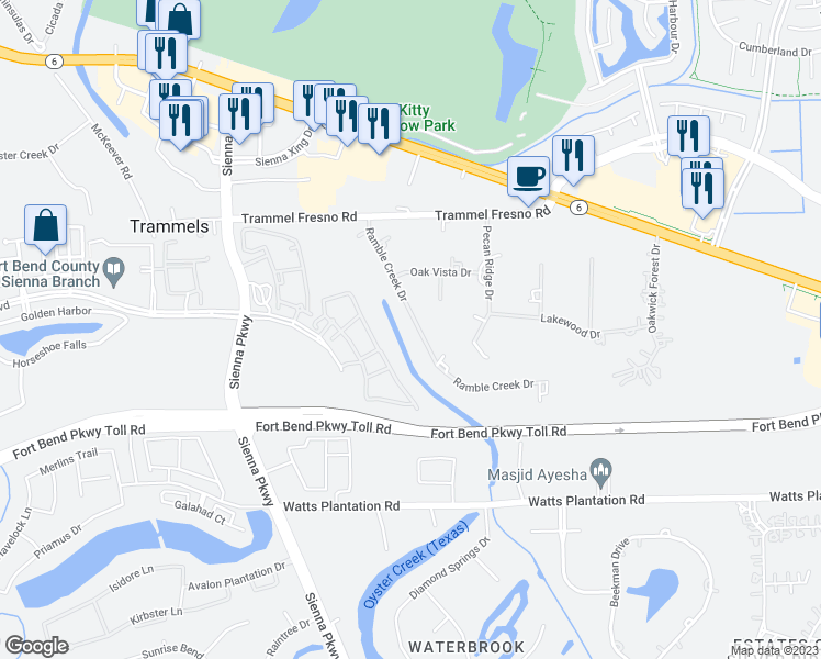 map of restaurants, bars, coffee shops, grocery stores, and more near 3718 Ramble Creek Drive in Missouri City