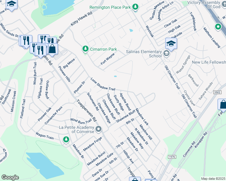 map of restaurants, bars, coffee shops, grocery stores, and more near 8402 Dusty Ridge in Converse