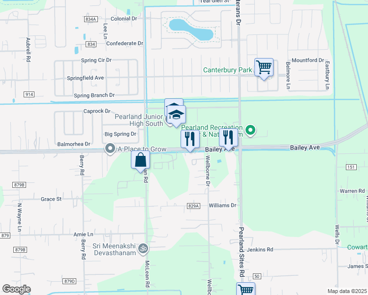 map of restaurants, bars, coffee shops, grocery stores, and more near 4717 Bailey Avenue in Pearland