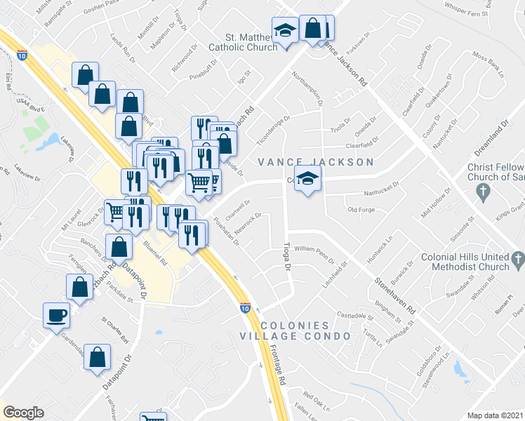 map of restaurants, bars, coffee shops, grocery stores, and more near 9827 John Rolfe Drive in San Antonio