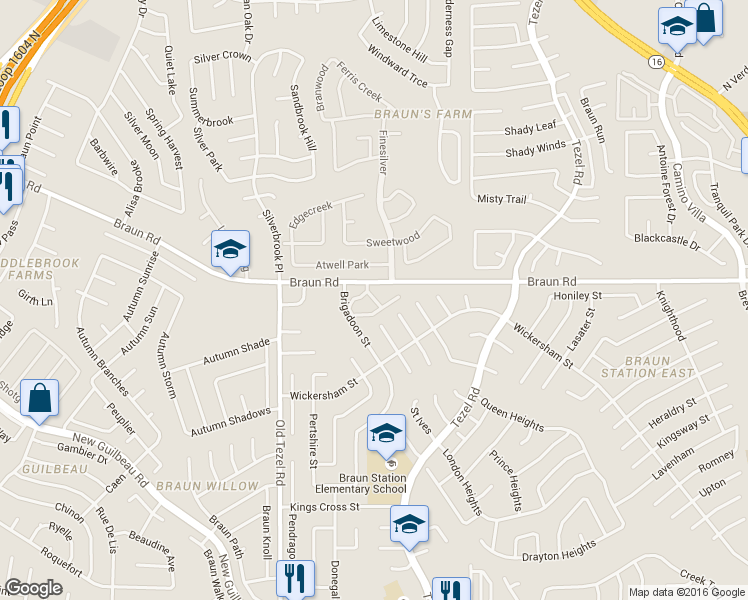 map of restaurants, bars, coffee shops, grocery stores, and more near 502 Thetford Drive in San Antonio