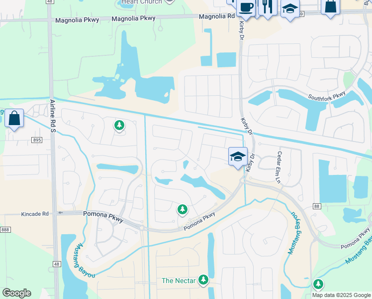 map of restaurants, bars, coffee shops, grocery stores, and more near 4426 Bayberry Ridge Lane in Manvel
