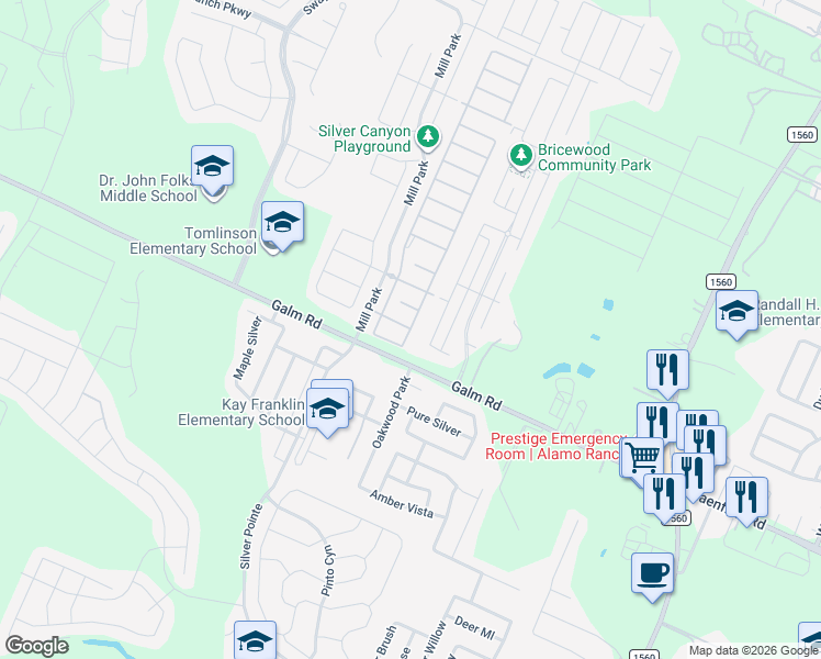 map of restaurants, bars, coffee shops, grocery stores, and more near 9506 Sun Mill in San Antonio