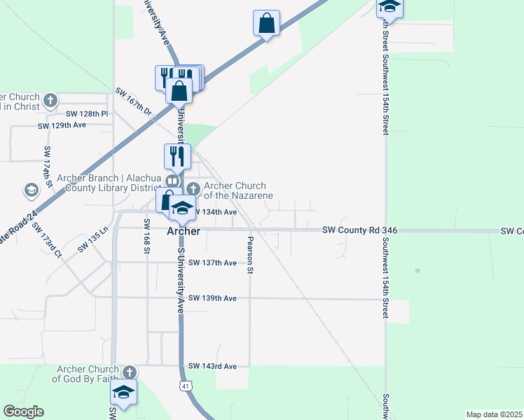 map of restaurants, bars, coffee shops, grocery stores, and more near 16050 Southwest County Road 346 in Archer