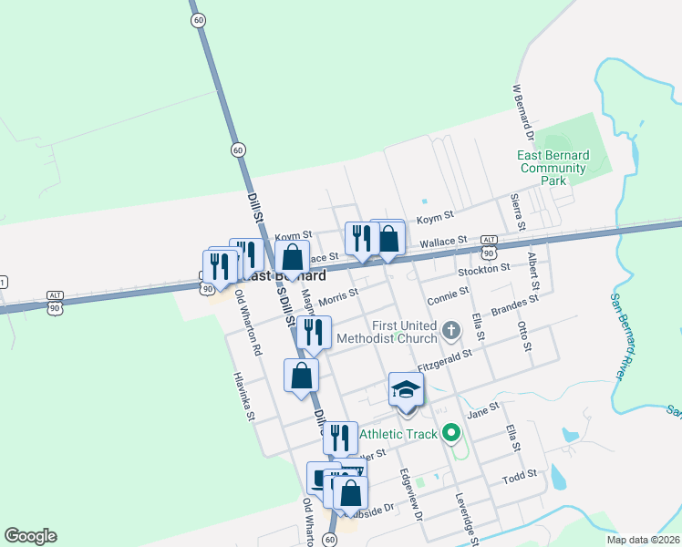map of restaurants, bars, coffee shops, grocery stores, and more near 843 Main Street in East Bernard