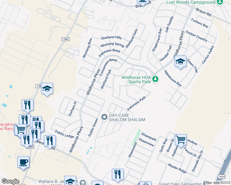 map of restaurants, bars, coffee shops, grocery stores, and more near 9503 Shetland Court in San Antonio
