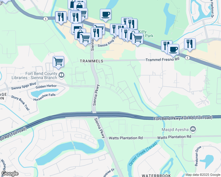 map of restaurants, bars, coffee shops, grocery stores, and more near 8811 Sienna Springs Boulevard in Missouri City