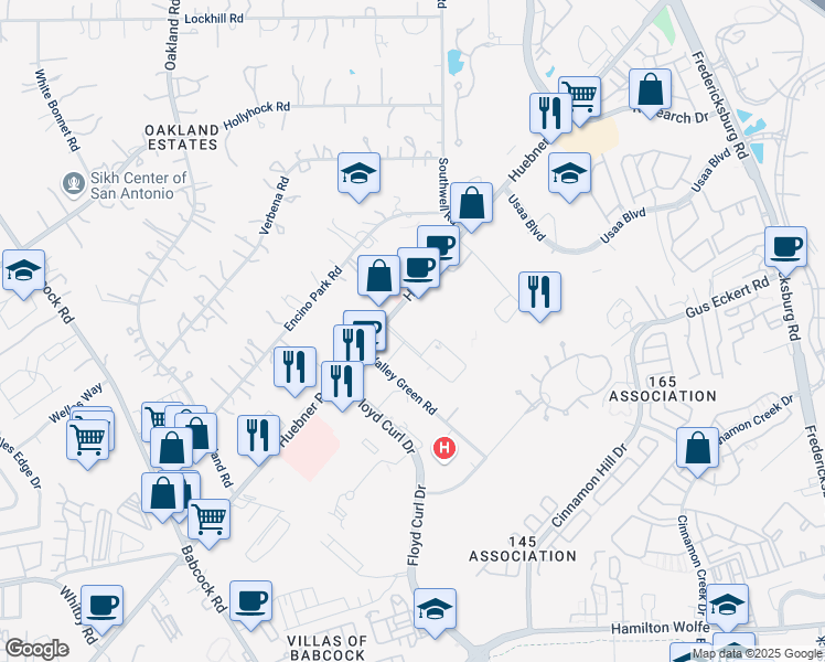 map of restaurants, bars, coffee shops, grocery stores, and more near 9522 Huebner Road in San Antonio