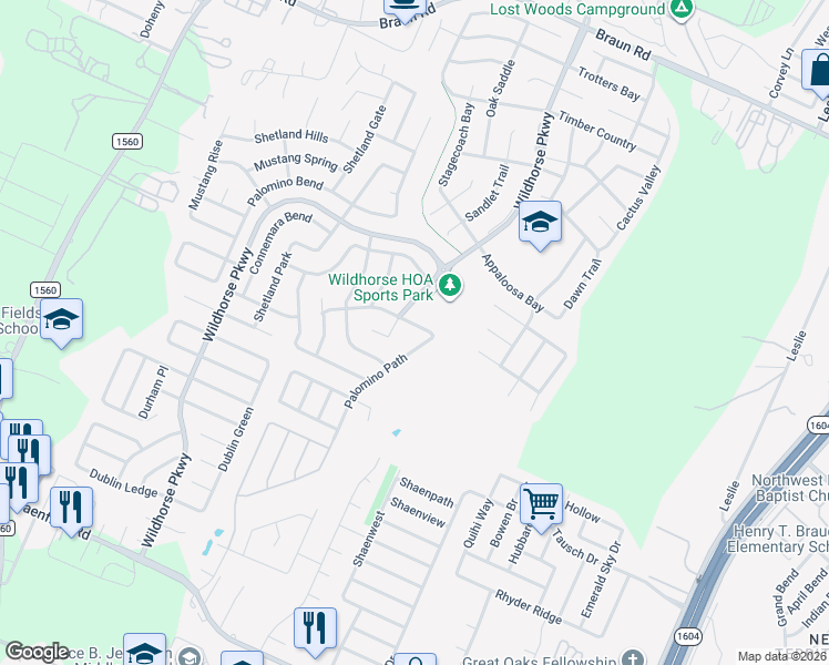 map of restaurants, bars, coffee shops, grocery stores, and more near 9650 Palomino Path in San Antonio