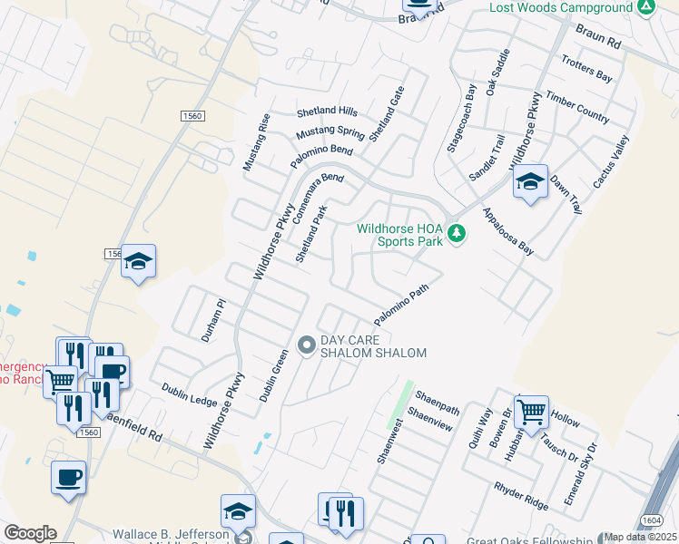 map of restaurants, bars, coffee shops, grocery stores, and more near 9503 Shetland Court in San Antonio