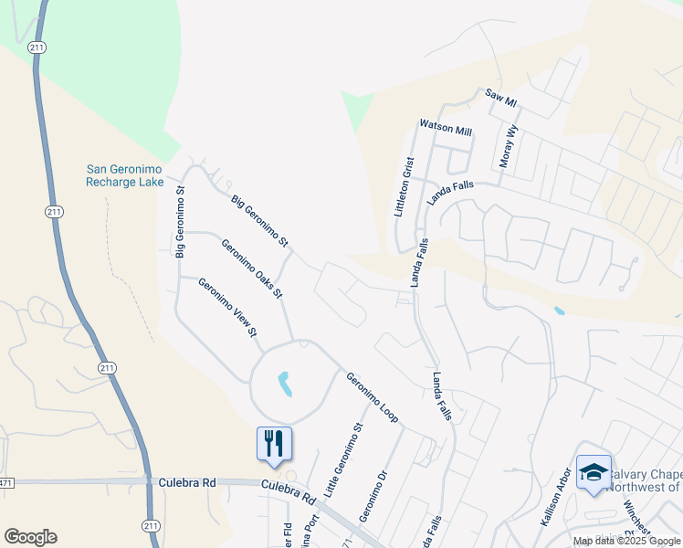 map of restaurants, bars, coffee shops, grocery stores, and more near 10412 Big Geronimo Street in San Antonio