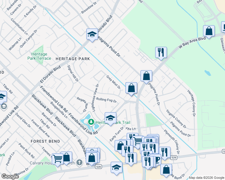 map of restaurants, bars, coffee shops, grocery stores, and more near 2706 Beacon Bay Circle in Friendswood