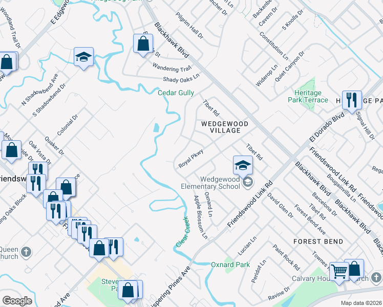 map of restaurants, bars, coffee shops, grocery stores, and more near 5407 Royal Parkway in Friendswood