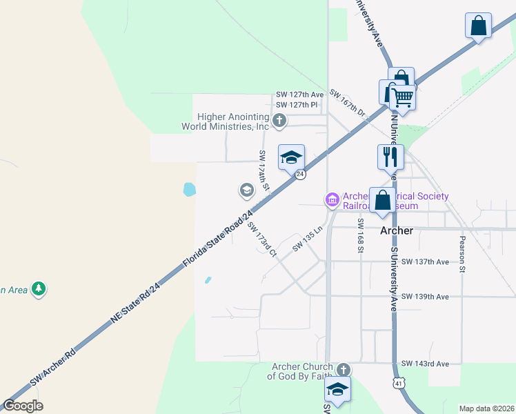 map of restaurants, bars, coffee shops, grocery stores, and more near 17400-17498 SW Archer Rd in Archer