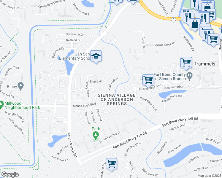 map of restaurants, bars, coffee shops, grocery stores, and more near 7610 Trail Hollow in Missouri City