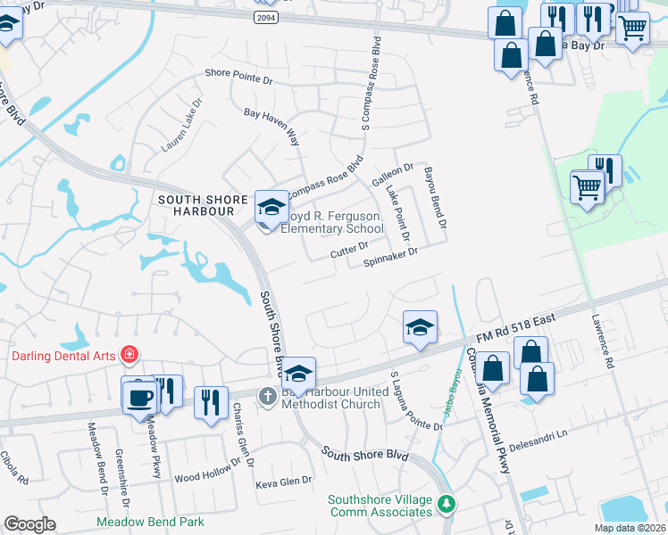 map of restaurants, bars, coffee shops, grocery stores, and more near 2012 Cutter Drive in League City