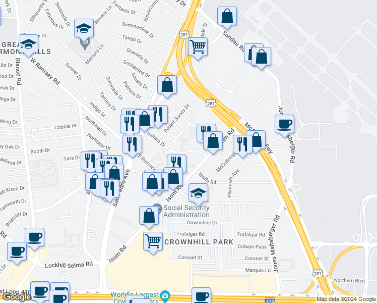 map of restaurants, bars, coffee shops, grocery stores, and more near 10363 Sahara Drive in San Antonio