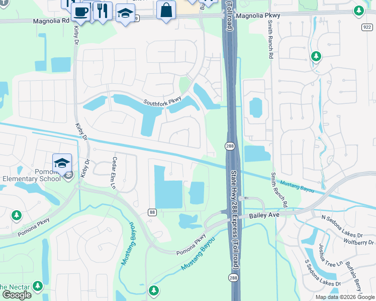map of restaurants, bars, coffee shops, grocery stores, and more near 3110 Brahman Drive in Manvel