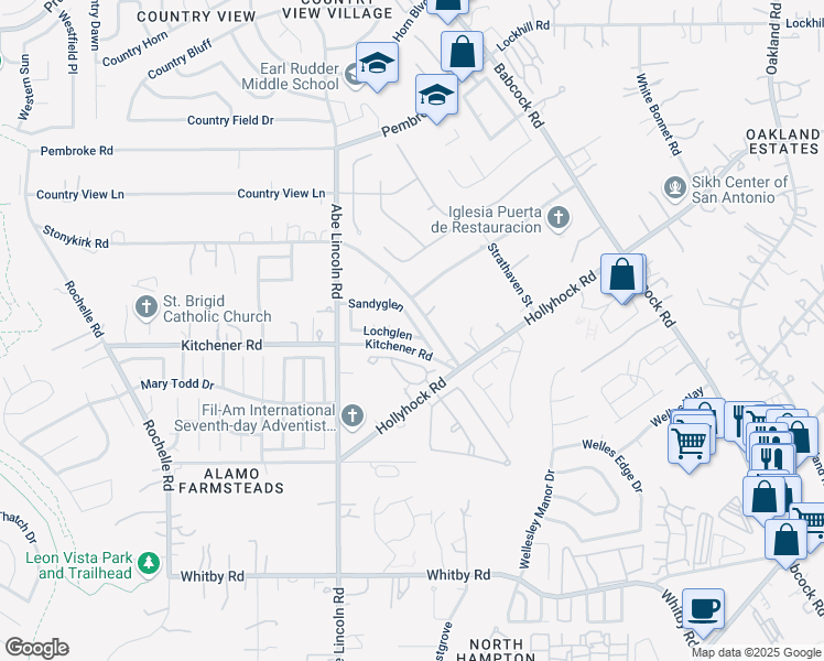map of restaurants, bars, coffee shops, grocery stores, and more near 10146 Sandyglen in San Antonio