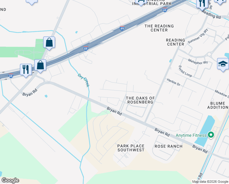 map of restaurants, bars, coffee shops, grocery stores, and more near 5303 Stoneridge Court in Rosenberg