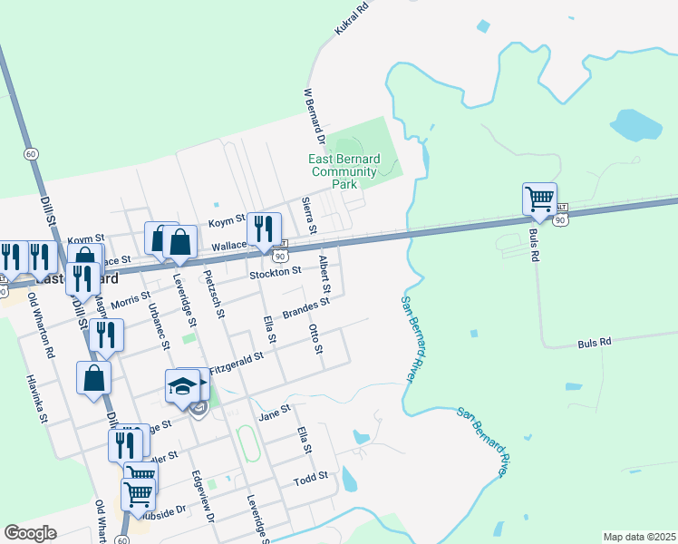 map of restaurants, bars, coffee shops, grocery stores, and more near 114 Behrens Street in East Bernard