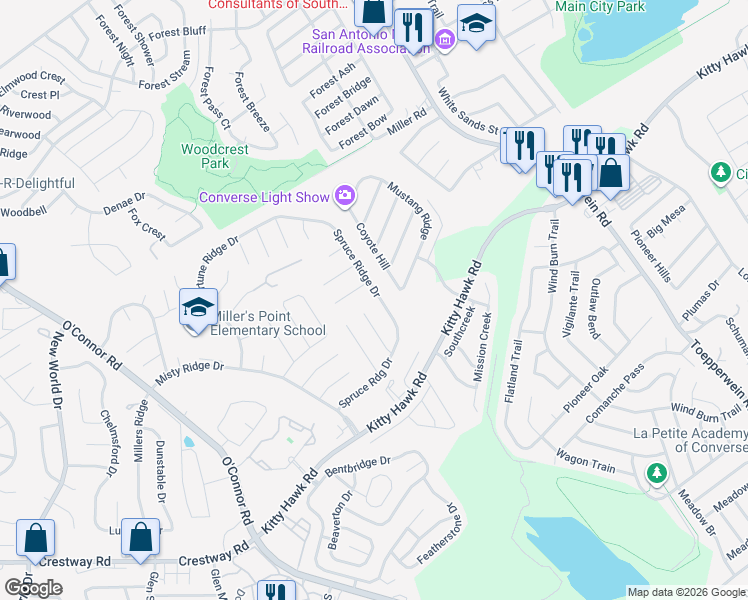 map of restaurants, bars, coffee shops, grocery stores, and more near 7334 Ridge Beach Drive in Converse