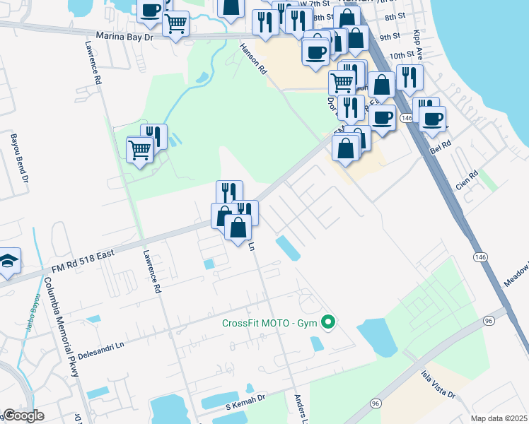map of restaurants, bars, coffee shops, grocery stores, and more near 1703 Oak Meadow Drive in Kemah