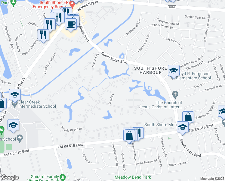 map of restaurants, bars, coffee shops, grocery stores, and more near 2714 Bent Tree Trail in League City