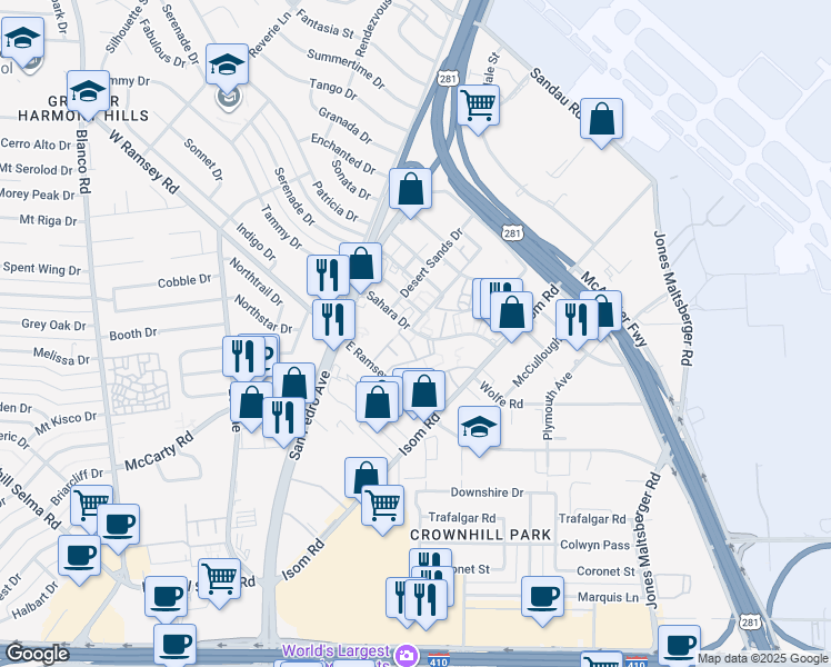 map of restaurants, bars, coffee shops, grocery stores, and more near 10343 Sahara Street in San Antonio