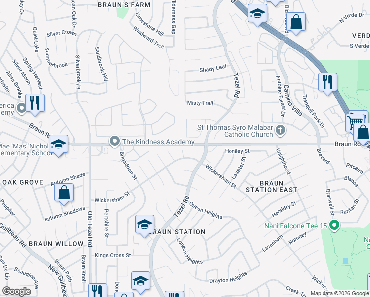 map of restaurants, bars, coffee shops, grocery stores, and more near 8962 Natalie Point in San Antonio