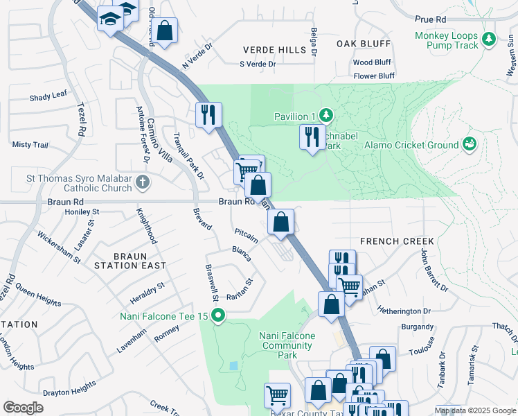 map of restaurants, bars, coffee shops, grocery stores, and more near 9445 Bandera Road in San Antonio