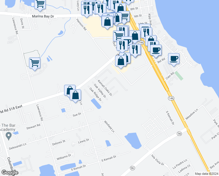 map of restaurants, bars, coffee shops, grocery stores, and more near 626 Oak Berry Drive in Kemah