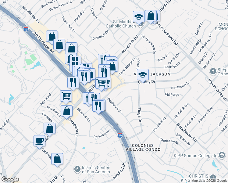 map of restaurants, bars, coffee shops, grocery stores, and more near 3706 Colony Drive in San Antonio
