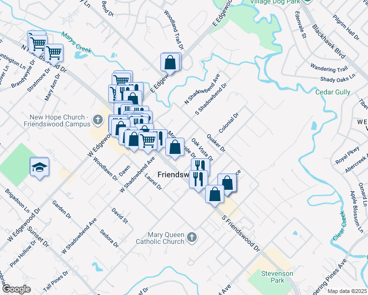 map of restaurants, bars, coffee shops, grocery stores, and more near in Friendswood