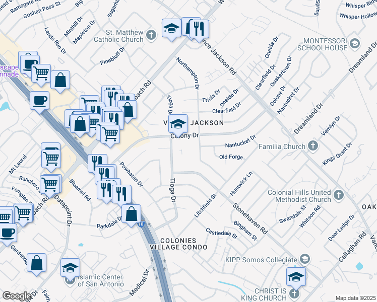 map of restaurants, bars, coffee shops, grocery stores, and more near 9915 Northampton Drive in San Antonio