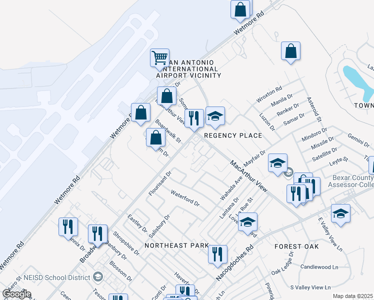 map of restaurants, bars, coffee shops, grocery stores, and more near 10101 Broadway in San Antonio