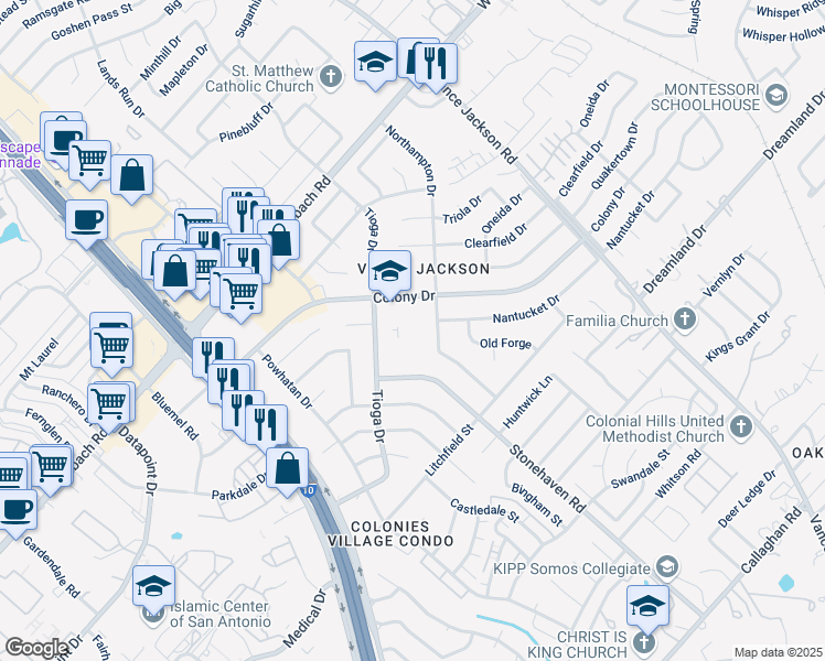 map of restaurants, bars, coffee shops, grocery stores, and more near 9915 Northampton Drive in San Antonio