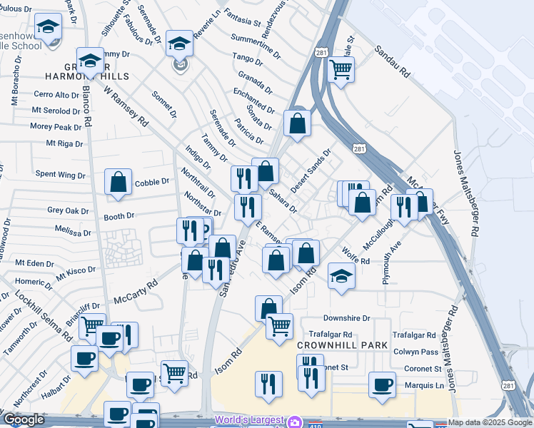 map of restaurants, bars, coffee shops, grocery stores, and more near 10000 San Pedro Avenue in San Antonio