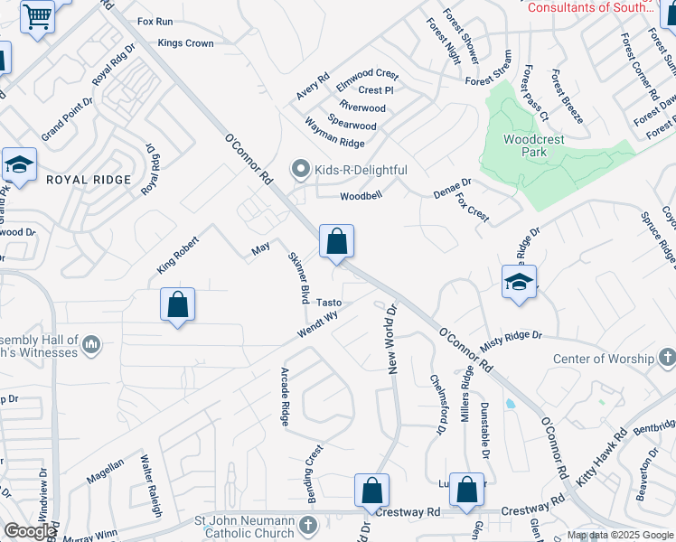 map of restaurants, bars, coffee shops, grocery stores, and more near 10259 O'Connor Road in San Antonio